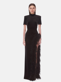 Short Sleeve Velvet Maxi Dress with Feather Trim in Black