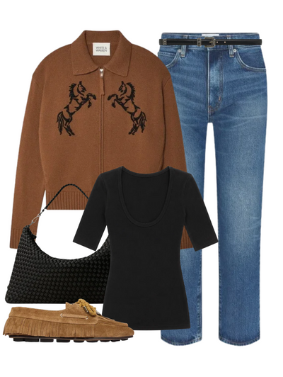 Cashmere Blend Embroidered Horse Bomber in Umber/ Black — Shop The Look | AMY Atelier