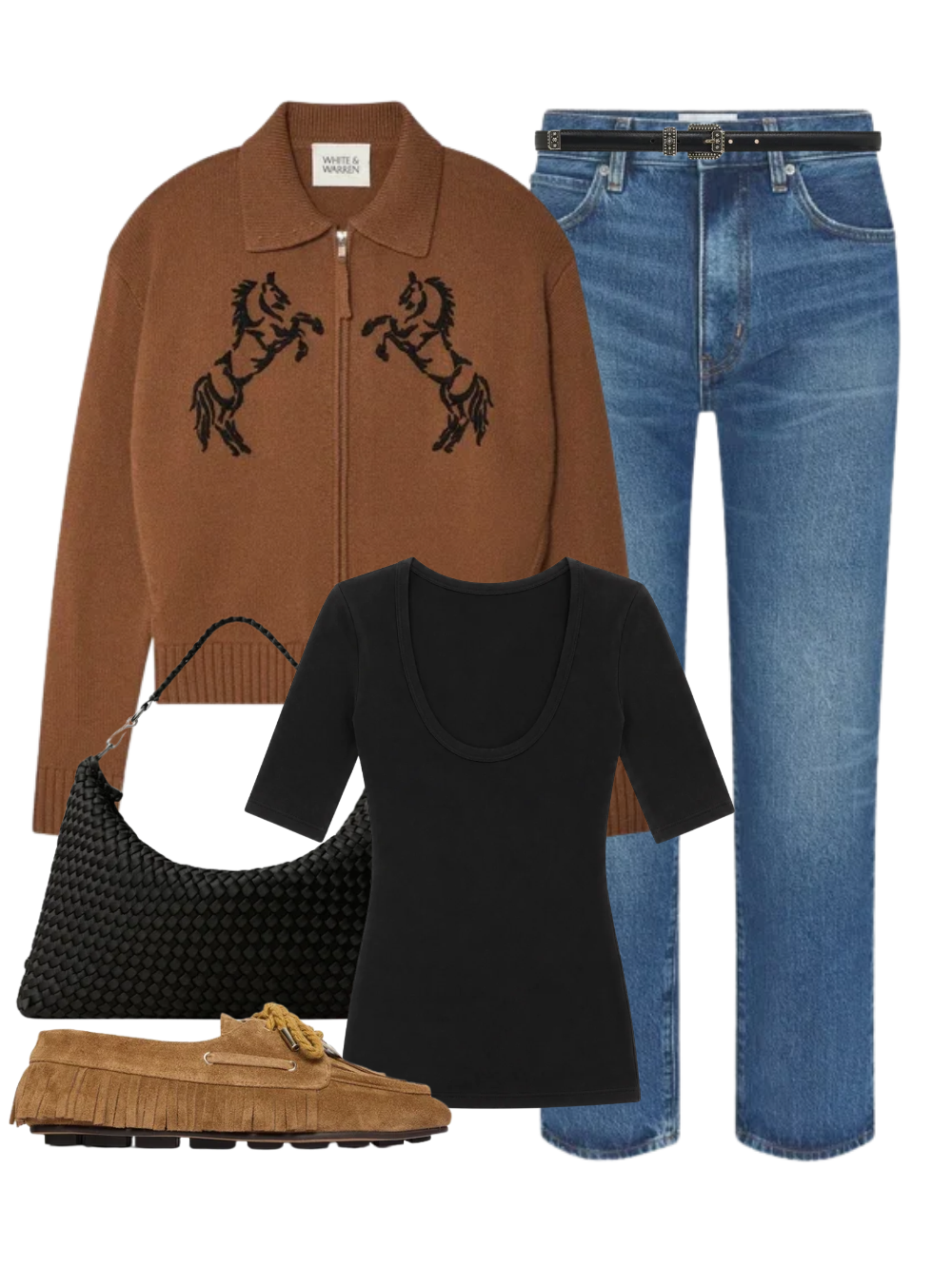 A complete styled outfit consisting of Porto Medium Half-Moon Bag in Onyx, Cashmere Blend Embroidered Horse Bomber in Umber/ Black, Stretch Silk Knit Half Sleeve U in Black, The Hang Jean in Lucky, Daisy Leather Belt, Ramona Shoe in Chestnut — Shop The Look — AMY Atelier