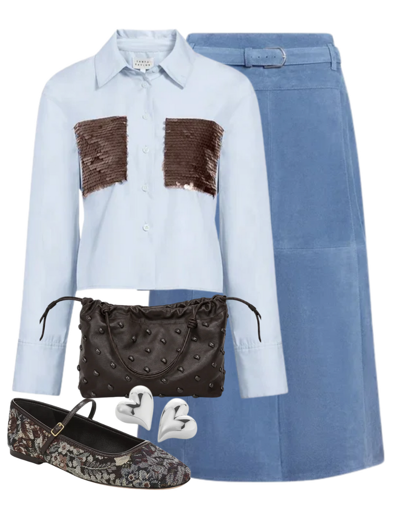 A complete styled outfit consisting of Ellie Buckle Flat in Espresso Multi, Largaux Top in Oxford Blue, Beacon Skirt in Morning Fog, Arlo Bag in Ganache, Art Heart Symmetrical Button Earrings in High Polish Silver — Shop The Look — AMY Atelier
