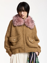 Kanada Knitted Jacket With Fur in Camel Club