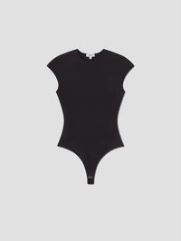 Flat lay of the AGOLDE Agata Bodysuit in Black showing the cap sleeves and snap closure.