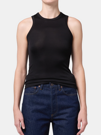 Front view of the Andre Shiny Tank in black by AGOLDE, styled with dark denim