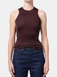 Front view of the Andre Shiny Tank in Corinth by AGOLDE, styled with dark denim