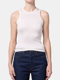 Front view of the Andre Shiny Tank in Vapor by AGOLDE, styled with dark denim