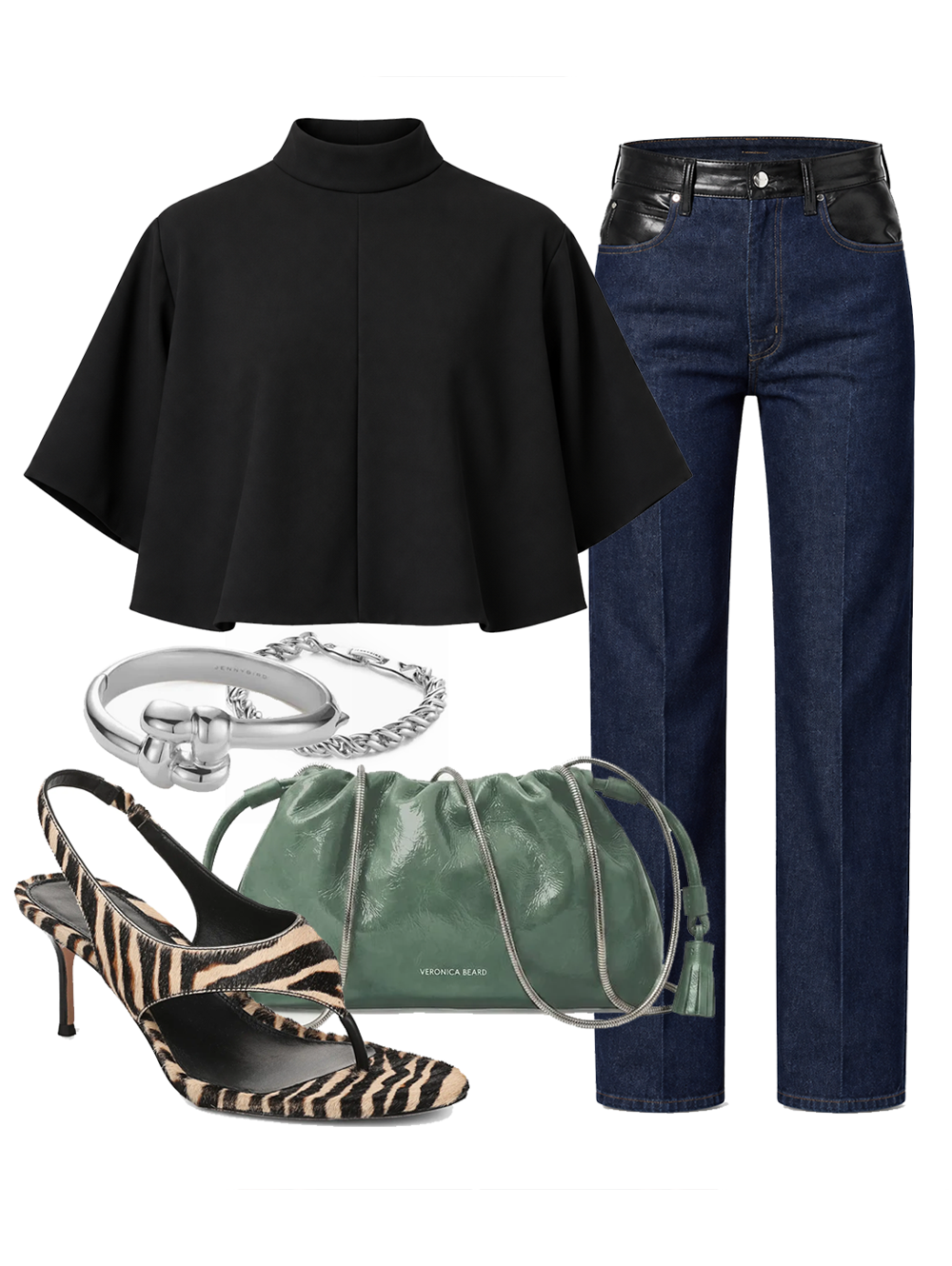 A complete styled outfit consisting of Morgan Jean in Rinse Detox, Rom Top in Black, Small Crinkle Bag in Sage, Talon-2 Heel In Ziger Brown, Rizzo Bracelet in High Polish Silver, Woven Square Bangle in Platinum — Shop The Look — AMY Atelier