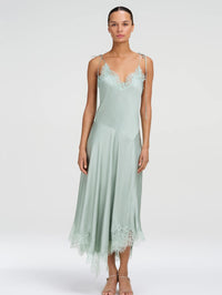 Front view of the A.L.C. Aleena satin slip dress in Pale Jade with lace V-neckline and lace hi-low hem