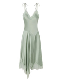 Flat lay of the A.L.C. Aleena satin and lace midi dress in Pale Jade