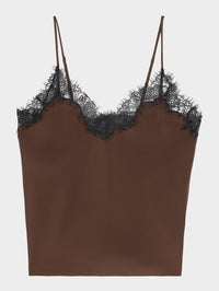 Flat lay of the A.L.C. Annabelle silk cami in Coffee/Black with black lace trim at the V neckline