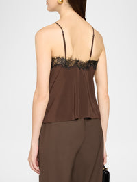 Back view of the A.L.C. Annabelle silk cami in Coffee/Black showing lace trim and adjustable straps