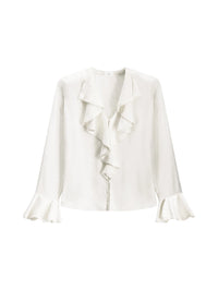 Front flat lay of the A.L.C. Colette Top in Ivory showing the ruffle placket and flared ruffled cuffs.