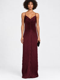 Front view of the Genevieve Gown in Pinot Red by A.L.C. with pleated bodice detail