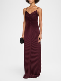 Front view of the Genevieve Gown in Pinot Red by A.L.C., featuring pleated ruching and a sweetheart neckline