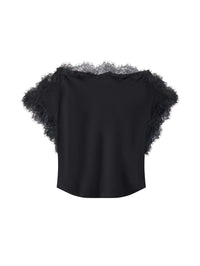 Flat lay of the A.L.C. Luna Top in Black satin with tonal eyelash lace trim