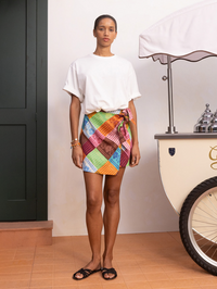 Front view of the Kaleidoscope Sarong Skirt in Multi Kaleido by ALEMAIS, styled with a white tee