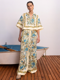 Front view of the Sophia Top in Multi Soph by ALEMAIS, styled with matching wide-leg trousers
