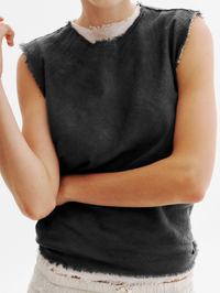 Front view of the Iris Gauze Tank in black by ALL THREE with frayed neckline and armholes