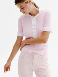 Front view of the Maria Rib Henley Shirt in light pink by ALL THREE with white contrast collar