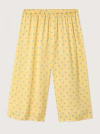 Front view of the Bovalow Pant in yellow with blue polka dots by American Vintage