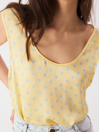 Close-up of blue polka dot pattern on the Bovalow Tank in Marthe by American Vintage