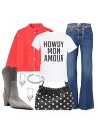 Fashionable outfit with red shirt, white t-shirt with 'HOWDY MON AMOUR', blue jeans, gray boots, black polka dot bag, and jewelry on a white background.