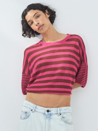 Front view of the Epaky Tee in Lie De Vin Raye Fuchsia striped knit by American Vintage