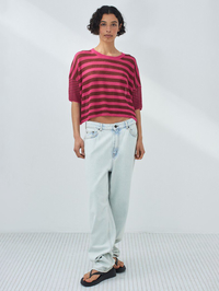 Front view of the Epaky Tee in Lie De Vin Raye Fuchsia horizontal stripes by American Vintage