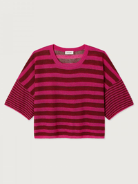 Flat lay of the Epaky Tee in Lie De Vin Raye Fuchsia by American Vintage with horizontal stripes