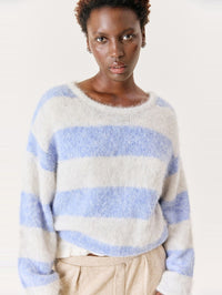 Front view of the American Vintage Niby Sweater in Frosted Stripes, a fluffy cropped striped jumper