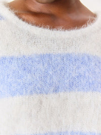 Close detail of the fluffy alpaca knit and round neck on the American Vintage Niby Sweater in Frosted Stripes