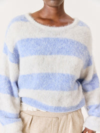 Close front view of the American Vintage Niby Sweater in Frosted Stripes showing the cropped hem