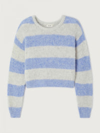 Flat lay of the American Vintage Niby Sweater in Frosted Stripes, a blue and grey striped jumper