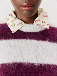 Close up of the round neckline on the American Vintage Niby vest in Cranberry Stripes