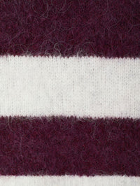 Close up of the fluffy alpaca stripe knit on the American Vintage Niby vest in Cranberry Stripes
