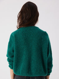 Back view of the American Vintage Vitow Cardigan in Teal Melange showing the boxy cropped shape