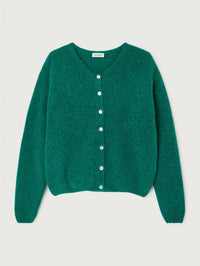 Flat lay of the American Vintage Vitow Cardigan in Teal Melange, a cropped alpaca wool cardigan