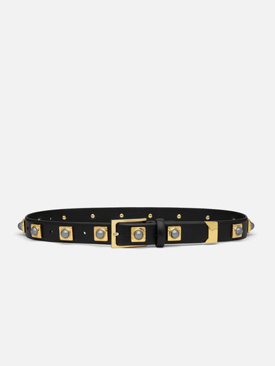 No. 2 Belt in Black Studded with Gold Plated and Grey Stone