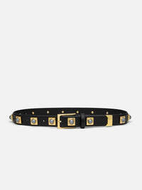 Full-length view of the Aureum No. 2 Belt in black with grey stone studs and a gold-tone rectangular buckle.