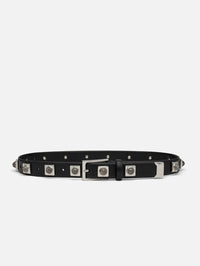 Full-length view of the Aureum No. 2 Belt in black with speckled stone studs and a silver-tone buckle.