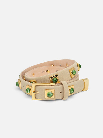 NO. 2 Belt in Oat Studded with Green Stones
