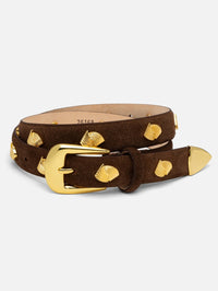Coiled view of the Aureum Vienna Belt in chocolate nubuck with sculpted gold-tone studs and buckle.