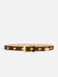 Full-length view of the Aureum Vienna Belt in chocolate nubuck with gold-tone studs and metal tip.