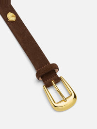Buckle detail of the Aureum Vienna Belt in chocolate nubuck with a molded gold-tone buckle and stud.