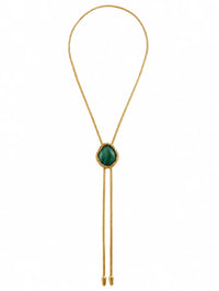 Full view of the BOLOLA NYC Lola Bolo with a malachite stone on a gold snake chain.