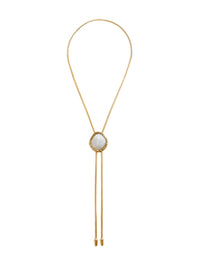 Front view of the BOLOLA NYC Lola bolo necklace in gold with mother of pearl on a white background.