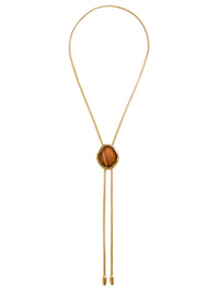 Full view of the BOLOLA NYC Lola Bolo with a tigers eye stone on a gold snake chain.