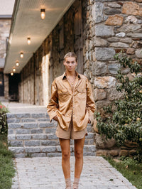 Full look styled with the BOLOLA NYC Lolita Bolo in Gold with Citrine and a satin shirt.