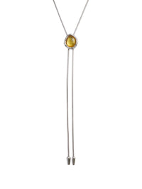Close-up of the citrine centerpiece and lab diamonds on the BOLOLA NYC Lolita Bolo in Silver.