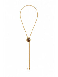 Full view of the BOLOLA NYC Lolita Bolo with a smokey topaz stone on a gold snake chain.