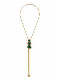 Full view of the BOLOLA NYC Merriam Bolo with three malachite stones on a gold snake chain.
